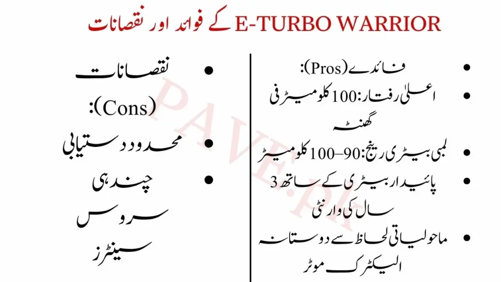 E-Turbo Warrior Price in Pakistan 2025 – Features, Specs & PAVE Subsidy Details 2 Pros and Cons of E-Turbo Warrior in Pakistan